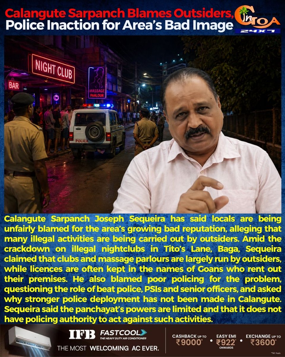 InGoa24x7's tweet photo. Calangute Sarpanch Blames Outsiders, Police Inaction for Area’s Bad Image
#Goa #GoaNews #BadImage #Calangute #Outsiders #Police #Inaction https://t.co/d7XvWhPcV0