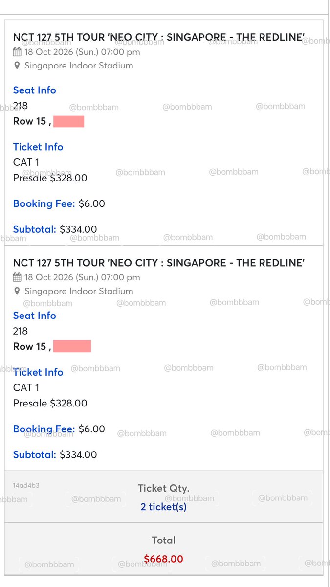 bombbbam's tweet photo. wts♡ / ขาย #NCT127inSG 
NCT 127 5TH TOUR 'NEO CITY - THE REDLINE' IN SINGAPORE 🇸🇬

- CAT 1 (2 ใบ) ขายแยกได้
- 218 Row 15 *Ori price ราคาตามจ่ายจริง

✅ มัดจำ+จ่ายสดหลังได้ QR
✨นัดเจอ Transfer บัตรได้

#NCT127_5TH_NEOCITY_THE_REDLINE 
#THE_REDLINE_SINGAPORE 
#NCT127inSG https://t.co/7MU3dfSRb2