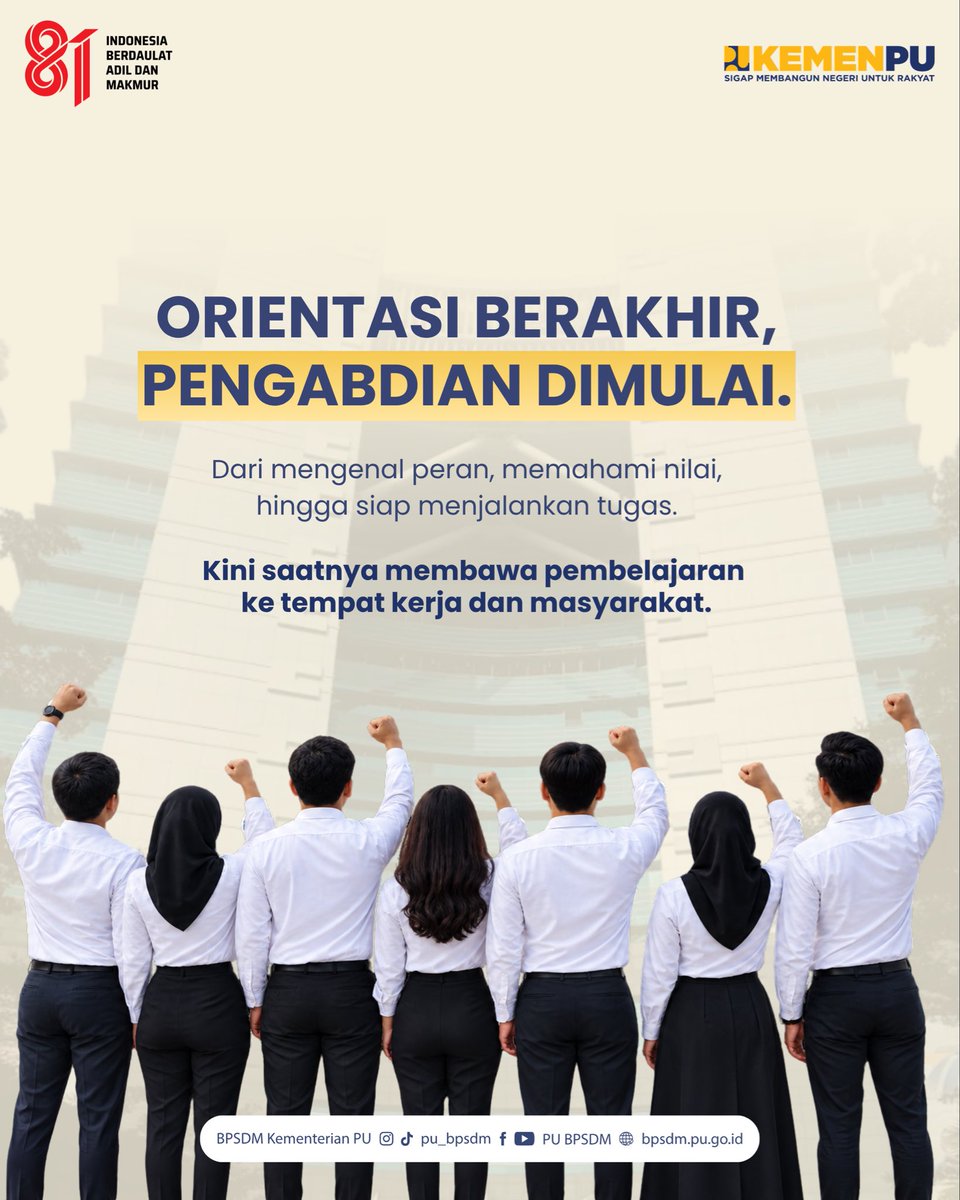 pu_bpsdm's tweet photo. Orientasi berakhir, pengabdian dimulai.

@KemenPU 

#SigapMembangunNegeriUntukRakyat #BPSDMPU #PU608 #HUT81KemerdekaanRI https://t.co/v9ZMf5YArw