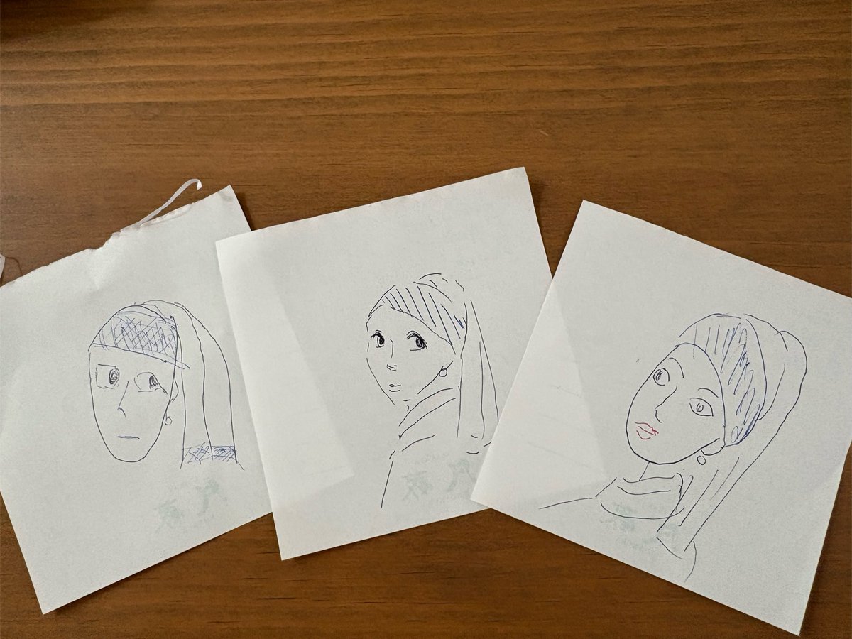 okoko_d's tweet photo. フェルメールの「真珠の耳飾りの少女」が中之島美術館で展示されているとのことで、両親とお絵描き対決した。
絶対に負けられない戦いがここにある。 https://t.co/CZU9rxIit6