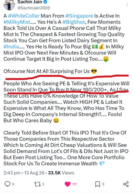 tyspin2_ty's tweet photo. Milky Mist As Promised, Shown U All 200 Here.... Absolutely A Dream Run But Not At All Surprising For Us.... Clearly Told From IPO Phase That Don't Miss This Gem Stock Buying In Pre Open On Listing Day &amp; Now Rest Is History.... One Way Blast From 165 To 200 🚀

All It's Critics https://t.co/0wahd0bCXS