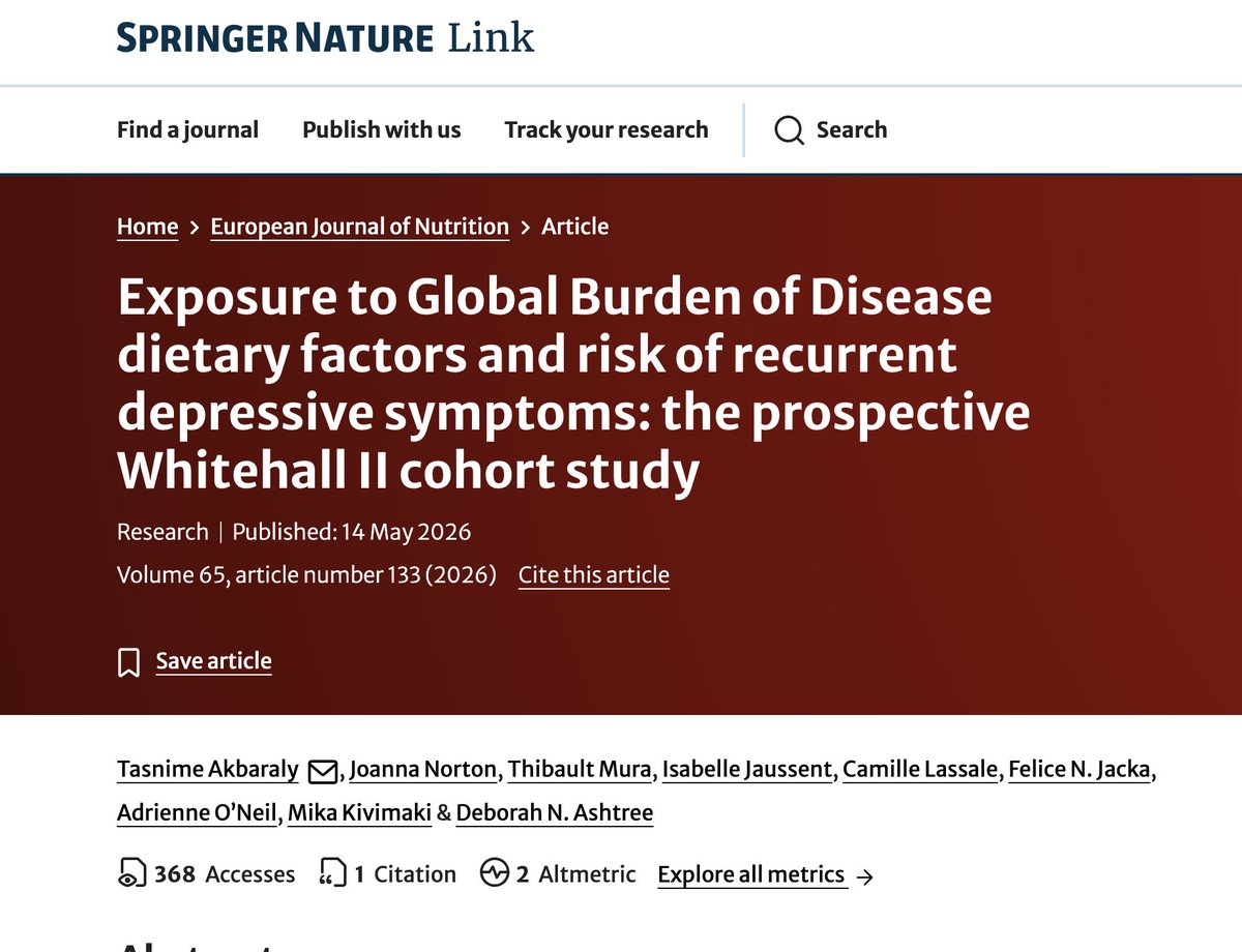 ichiipsy's tweet photo. 「果物と食物繊維」をとる人はうつの再発リスクが低いという論文。 
 European Journal of Nutrition研究（n=4099、13年間の追跡）によれば、うつ症状の既往がない中高年を対象に、GBD（世界疾病負担）が定義する16の食事リスク指標と超加工食品の摂取量を調べたところ、うつ症状の繰り返し再発と一貫した関連を示したのは果物と食物繊維のみだったと示された。
果物摂取量が1基準増える（約228g）ごとに再発リスクが17%、食物繊維が1基準増える（約7.4g）ごとに15%、それぞれ低下していた。 
 「地中海食が最強」「腸活でメンタル改善」といった情報が飛び交う中、16項目を丁寧に比較しても、これらの果物、食物繊維の優位性が示唆された。