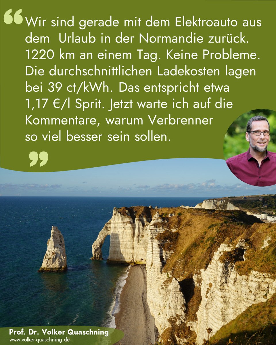 VQuaschning's tweet photo. Immer wieder höre ich: E-Autos ⚡🚗 seien nicht langstreckentauglich und zu teuer.
Wir fahren seit Jahren elektrisch in den Urlaub – problemlos. 🏖️
Diesmal war selbst öffentliches Laden 🔌 rund 40 % günstiger als Tanken. ⛽
Woher diese verbissene Ablehnung? 🤔 https://t.co/R30rdKyqNc