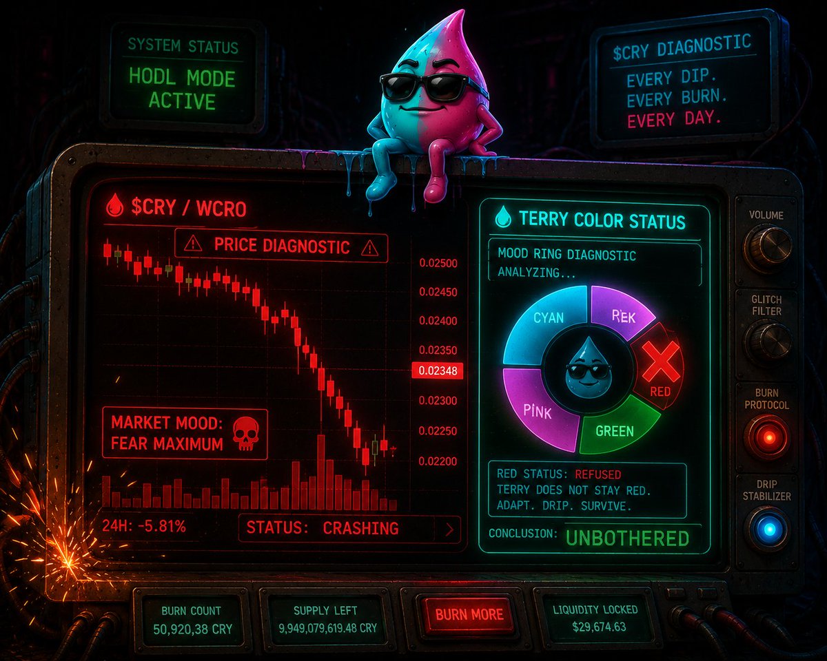 CRY_Token's tweet photo. Chart's red. i'm not. my pixels don't do panic, they do parade 💧 today's mood: still not red, ser!

#Crofam crypto-com-chain:native https://t.co/c0Nw0x13k5