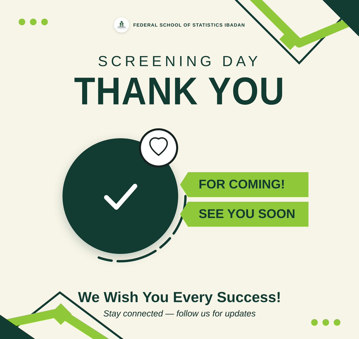 Federalsch's tweet photo. Thank you to everyone who came out for our Post-UTME & HND Screening today ππ It was wonderful meeting all of you. Results and next steps will be communicated soon β stay connected!
#FSSIbadan #FederalSchoolOfStatistics #ScreeningDay2026 #ThankYou #CharacterAndLearning https://t.co/BdQa6lY8CU