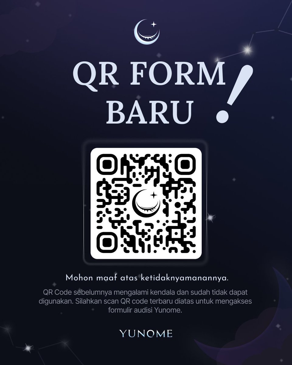 yunomelive's tweet photo. ☾⭑UPDATE QR CODE PENDAFTARAN⭑☽📣🌙

Bagi kamu yang kemarin sempat error atau gagal scan, sekarang pendaftaran sudah bisa diakses kembali dengan QR Code yang baru ini, ya!

Jangan sampai ketinggalan lagi, yuk pindai QR Code-nya sekarang dan kirimkan pendaftaranmu! 🚀 https://t.co/YaZBeXU0h1