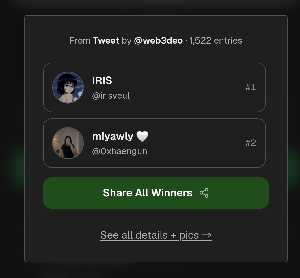 web3deo's tweet photo. Congrats Winners   
•@irisveul 
•@0xhaengun 

Draw ID: 187465999471

dm @donhirogu to claim your prize https://t.co/s55B7fzydW