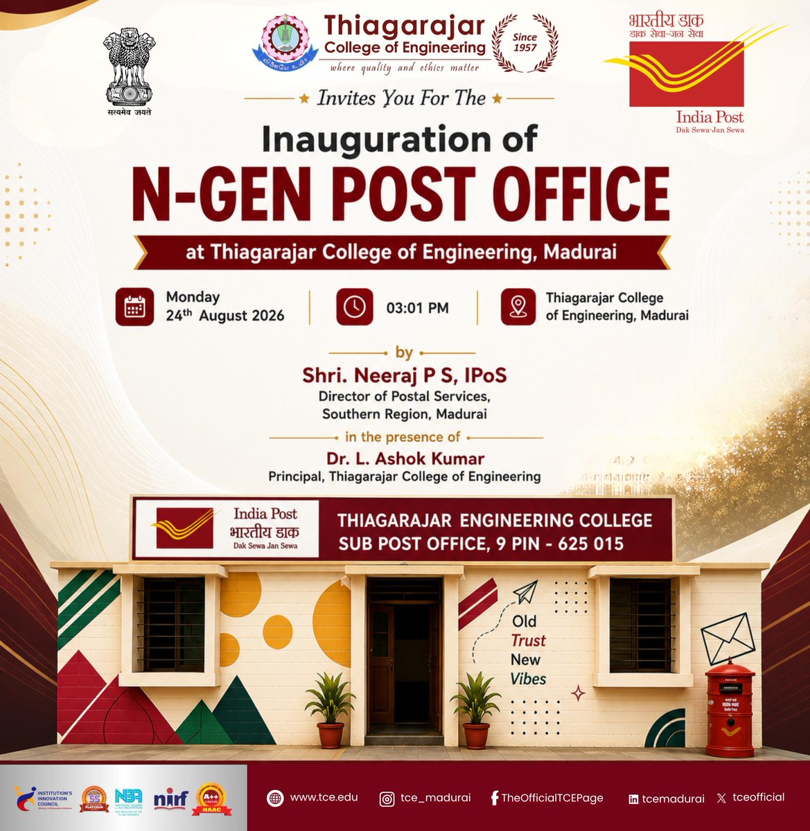 tceofficialpage's tweet photo. 📮✨ TCE inaugurates the N-Gen Post Office on 24 Aug at 3:01 PM, bringing convenient postal services closer to our campus community. Join us for this special milestone! 🇮🇳
#TCE #IndiaPost #NGenPostOffice #Madurai https://t.co/6gJZO3UA1x