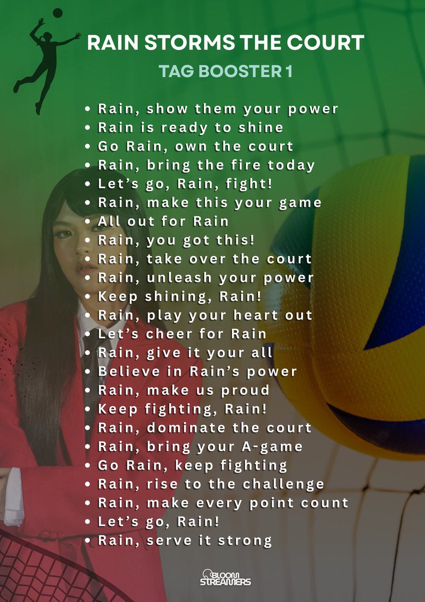 BloomStreamers's tweet photo. Hi Blooms! 🫶🏻 Today ang All-Star Games! 🏐 As a support for Rain, hope we can drop tags po!

Kindly drop tag boosters and tags below! 

RAIN STORMS THE COURT
#AllStarRain https://t.co/XVsGhPv5Zp