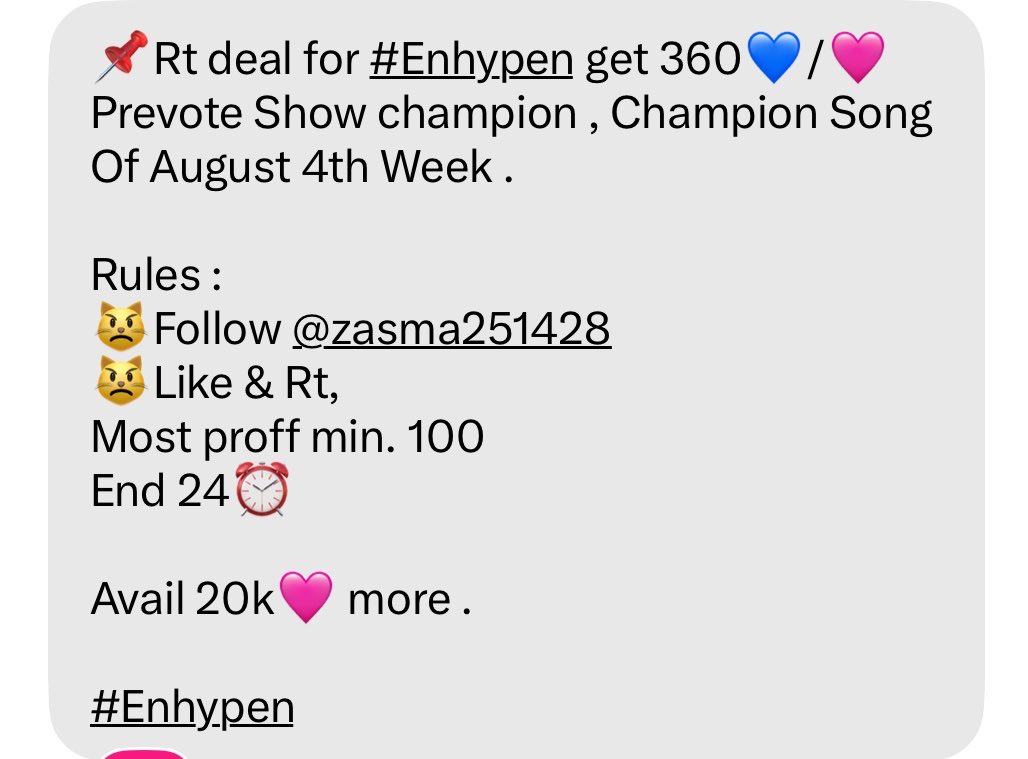 daisiesjjong_'s tweet photo. 📌Rt deal for #Enhypen get 360💙/🩷 Prevote Show champion , Champion Song Of August 4th Week .

Rules :
😾Follow @zasma251428 
😾Like &amp; Rt,
Most proff min. 100
End 24⏰

Avail 20k🩷 more .

#Enhypen https://t.co/N9XyNVCho5