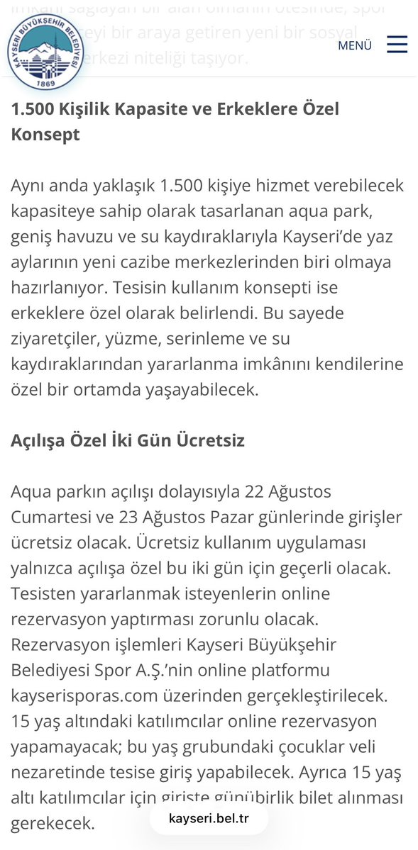 ekmekci_dr's tweet photo. Bir an şaka olmasını ummuştum… Maalesef doğruymuş… Sadece erkeklere özel Aqua Park yapmışlar vay arkadaş‼️

TCK kapsamında ayrımcılık suçu👇🏿 adeta bir Büyükşehir Belediyesi eliyle işleniyor ve bir de övünülecek birşeymiş gibi resmi sitede yazılıyor…

Arkadaş eşitlik ilkesini düzenleyen Anayasa m. 10 pozitif ayrımcılık yapacaksan bunu kadınlar için yaparsın diyor, erkekler için değil… Haberiniz yok sanırım ⁉️ @KayseriBSB 

#Kadıncinayetleripolitiktir