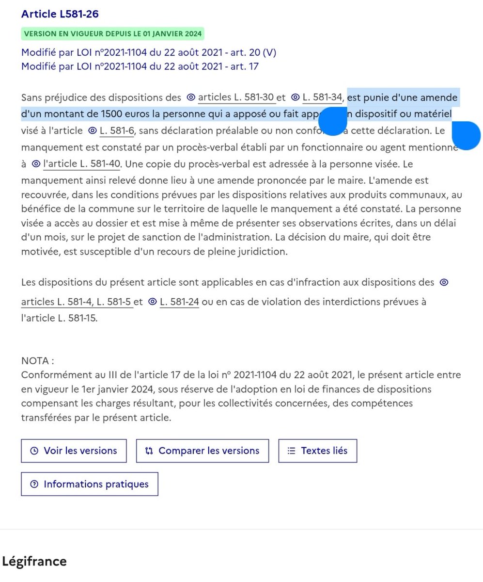 Fbdnlkd's tweet photo. @KHANKim13 @TransparenceCit Justement, la loi ne parle pas de "campagne d'affichage" mais de "dispositif ou matériel" et donc la jurisprudence considère que l'infraction est constituée pour chaque affiche, et non pas pour chaque campagne d'affichage. https://t.co/sO7pG5QITU