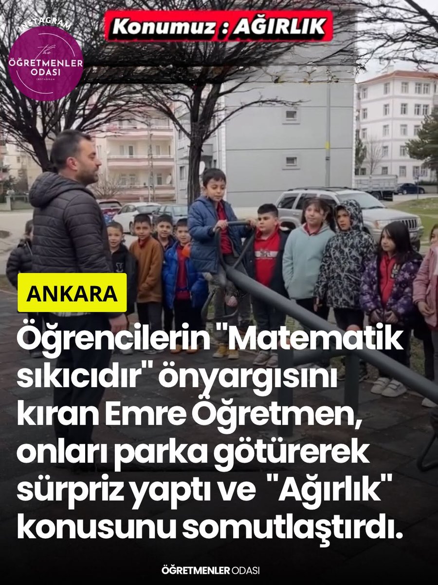 BiloLok13's tweet photo. Öğrencilerin “Matematik sıkıcıdır” önyargısını kıran Emre Öğretmen, sınıftan çıkıp parka giderek “Ağırlık” konusunu somutlaştırdı. Teorik bilgiyi eğlenceyle birleştiren bu yöntem, sosyal medyada da büyük beğeni topladı.

Sınıf Duvarları Aşıldı
Gelene... https://t.co/f2sAfuaNvq