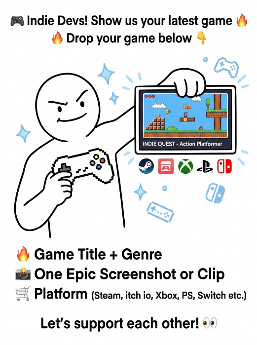 indieforgames's tweet photo. 🎮 Indie Devs! Show us your latest game 🔥
Drop your game below 👇
🔥 Game Title + Genre
📸 One Epic Screenshot or Clip
🛒 Platform (Steam, itch io, Xbox, PS, Switch etc.)

Let’s support each other! 👀
#IndieGames #GameDev #IndieDev #SoloDev #Gaming #Steam #Nintendo #Xbox https://t.co/6PYFPr23rb