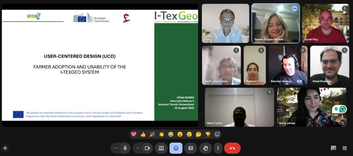 ITexGeo's tweet photo. We're so proud to share that Irina Dobre (Asociația Natura 5) presented "User-Centered Design (UCD): Farmer Adoption and Usability of the i-TexGeo System" at Istanbul Technical University.✨🌾
I-TexGeo is funded by the European Union under Horizon Europe.
#iTexGeo #HorizonEurope https://t.co/G25borWgaZ