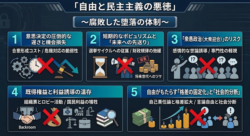 contract2608's tweet photo. 【自由と民主主義の悪徳】
　　　   〜腐敗した堕落の体制〜

1. 意思決定の圧倒的な遅さと機会損失
​2. 短期的ポピュリズムと未来への先送り
​3. 衆愚政治（大衆迎合）のリスク
​4. 既得権益と利益誘導の温存
​5. 自由が齎す格差の固定化と社会的分断 https://t.co/1K0YCvB7GM