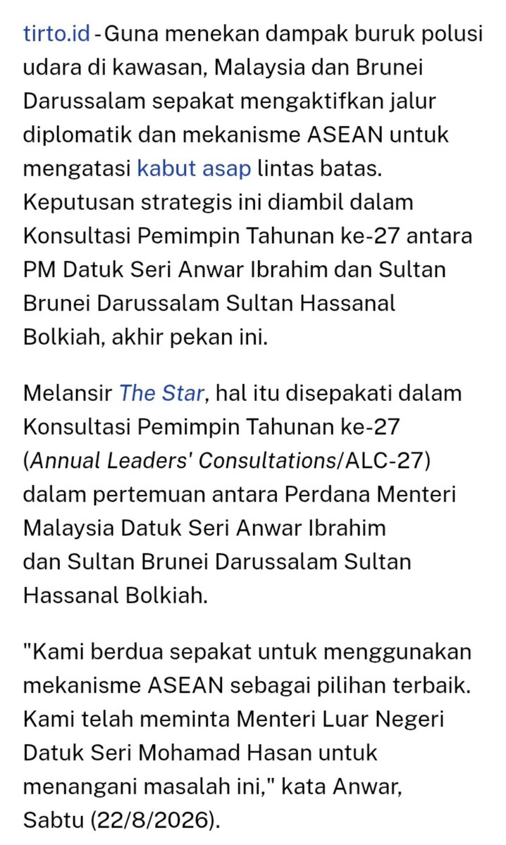 whiterosestea's tweet photo. Malaysia dan Brunei akan menempuh jalur diplomatik ASEAN terkait kabut asap lintas batas dari Indonesia. Pemerintah Malaysia juga akan mengirim surat resmi kepada Indonesia dan menyampaikan aduan kepada Sekjen ASEAN
​
Akhirnya dilaporin juga sama negara lain. Klu kalian mau laporin dan tuntut pemimpinnya juga boleh, kami semua mendukung 🙏🏻