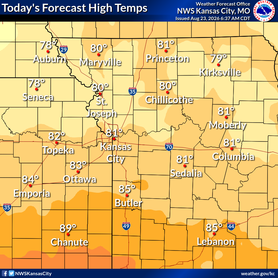 NWSKansasCity's tweet photo. Below normal temperatures are expected today, with afternoon highs in the upper 70s to lower 80s for most locations. Shower and thunderstorm chances return late tonight into Monday morning, primarily for eastern Kansas and far western Missouri. https://t.co/obbSqg3fLH