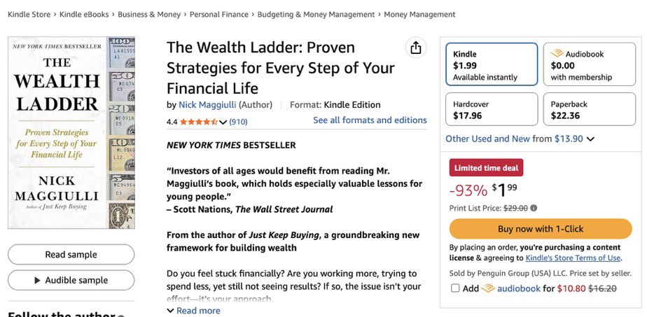 dollarxanddata's tweet photo. The Wealth Ladder (Kindle edition) is only $1.99 on Amazon right now (93% off) https://t.co/X1sZzpbnWX