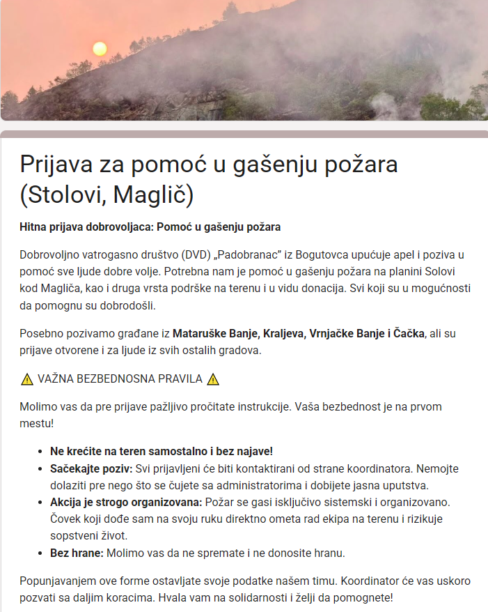 ZborJerkovic's tweet photo. Prijava za pomoć u gašenju požara (Stolovi, Maglič)

Dobrovoljno vatrogasno društvo Padobranac iz Bogutovca upućuje apel i poziva u pomoć sve ljude dobre volje.

https://t.co/BgiLL0fFMB https://t.co/CoN0ruv3xy