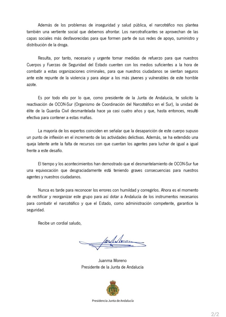 JuanMa_Moreno's tweet photo. He enviado una carta a @sanchezcastejon para pedirle la reactivación de OCON-Sur.

Urge reforzar los medios e instrumentos necesarios para combatir el auge del narcotráfico. La escalada de inseguridad exige una respuesta contundente del Estado. https://t.co/BnYYjrqdQm
