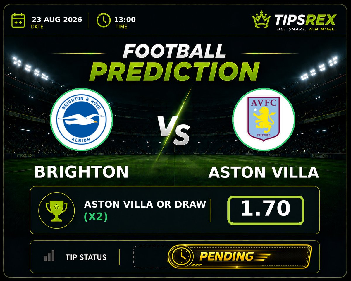 Tipsrex's tweet photo. 🔥 Brighton vs Aston Villa
🏆 Premier League
📊 Aston Villa or draw (X2) @ 1.70
🚩 Corners: Over 9.5 @ 1.70
🟨 Cards: Over 3.5 @ 1.67

#Brighton #AstonVilla #PremierLeague #betting #footballtips
@Tipsrex https://t.co/zTy1C6qUHO