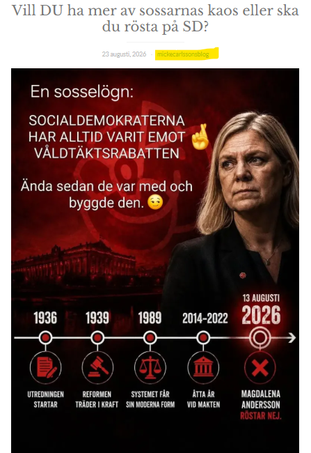 Stort_allvar's tweet photo. Med tre veckor kvar till valet är det bra att minnas en sak:

Sossarna ljuger så de tror sig själva.

En lögn är att de vill ta bort straffrabatten de gett våldtäktsmän (våldta tre flickebarn, få straff för två). När riksdagen röstade om att ta bort straffrabatten röstade sossarna nej, fast de sade att de röstade ja.

Vad sossarna än säger är det lögn.

Det ironiska är att sossarna själva föreslog och införde straffrabatten som numera innebär att invandrade mördare och våldtäktsmän släpps ut alldeles för tidigt i det svenska samhället.
>>