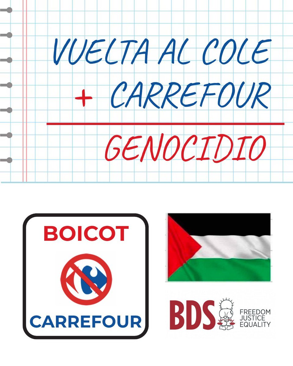 BDSMadrid's tweet photo. ✏️ Carrefour anuncia la "vuelta al cole", mientras mantiene lazos financieros con empresas y bancos israelíes. Esta empresa es cómplice del gen*cidi* y ocupación de Palestina.

Aquí volvemos a clase, en Palestina destruyen sus escuelas. 
Ni un € a gen*cidas
🚫 Boicot a Carrefour https://t.co/TpDkGuZX1f