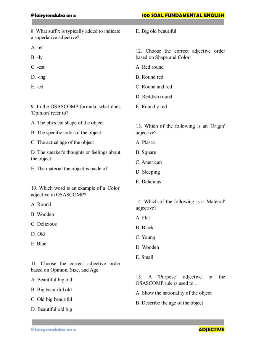 fairysenduka's tweet photo. [ 100 SOAL FUNDAMENTAL ENGLISH — ADJECTIVE ]

​📂 ⨾ Akses Soal
↳ https://t.co/XpmAMYbewe
📝⨾ Akses Pembahasan
↳ https://t.co/llVFLB4gg1
> more info snbp, snbt dan mandiri 2027
https://t.co/94iHzBaXsK https://t.co/dnhLAUeBr4