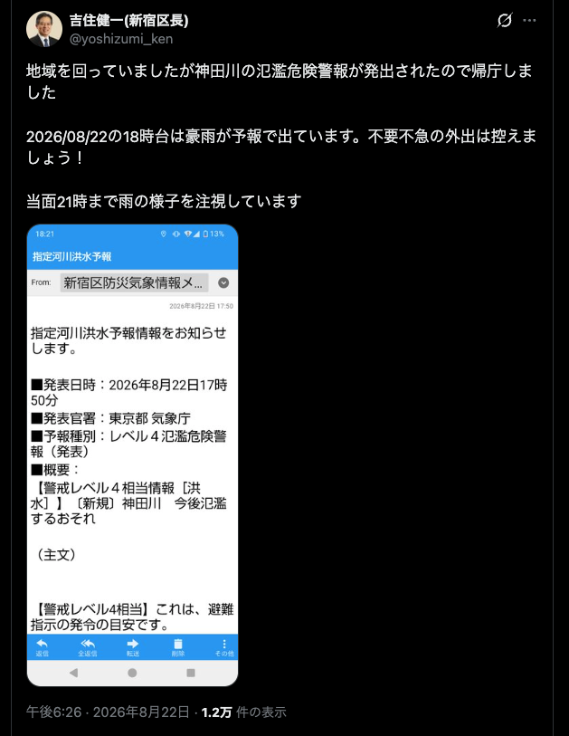 ebyan2013's tweet photo. 神田川流域の新宿区長、豊島区長、千代田区長は、18時前後から、大雨と河川氾濫に啓開するよう投稿をしている。

一方、神田川上流、善福寺川流域の岸本さと子杉並区区長は、15日の終戦記念日の投稿以来、投稿無し。

さすが、杉並区にふさわしいすばらしいお人柄ですね。
原田あきらさんもご満悦のことでしょう。