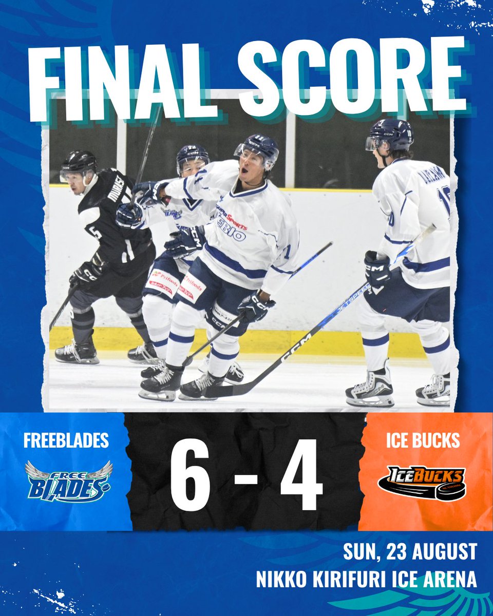 Freeblades's tweet photo. 【プレシーズンゲーム試合結果 8/23】

Ice Bucks(H) 4－6 FreeBlades(A)
(1P 1-2／2P 2-1／3P 1-3)

次戦はホーム八戸！
📅 8月29日(土)14:00～
📍 FLAT HACHINOHE
🆚 H.C.栃木日光アイスバックス

#東北フリーブレイズ #FREEBLADES #BeyondTheLimit #アジアリーグアイスホッケー #アイスホッケー https://t.co/RI7tFF7oZz