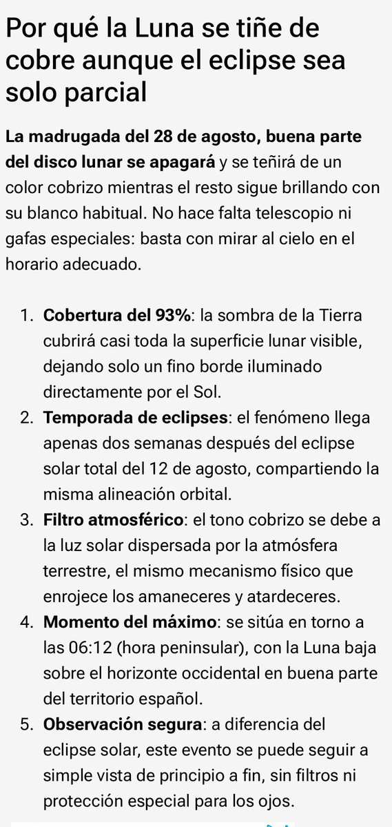 sombradoble's tweet photo. Este mes se despide con la contrapartida al #eclipsesolar😎El 28 de agosto se producirá un #eclipse lunar parcial visible desde todo el territorio español, mucho más cómodo de observar que el anterior: no expone la vista a ningún riesgo y no exige gafas certificadas ni cámaras con filtro.
Así que a disfrutarlo👍
@Scruzcampillo👇nos da las claves en @muyinteresante 
https://t.co/hZlJbGyGxD