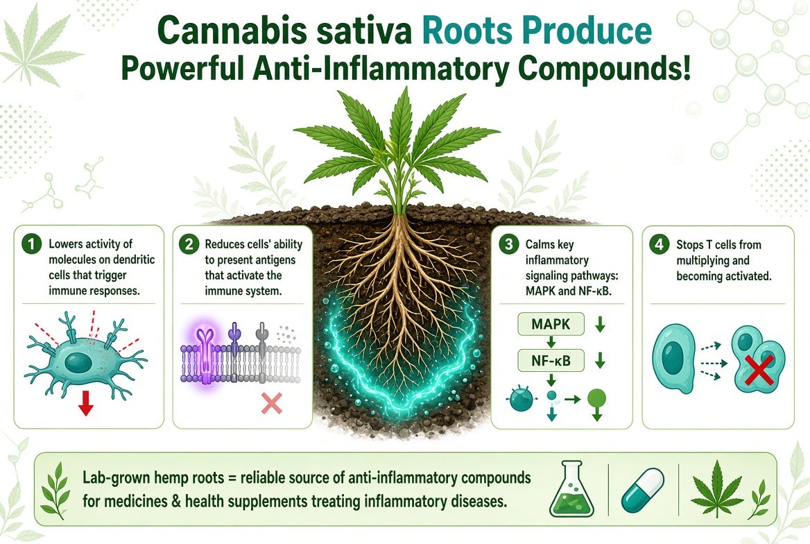 marclanders's tweet photo. Cannabis sativa roots produce powerful anti-inflammatory compounds!

It lowered the activity of molecules on dendritic cells that trigger  immune responses. It reduced the cells' ability to present antigens  (substances that activate the immune system). It calmed down two  important signaling pathways (MAPK and NF-κB) that cause inflammation.  It stopped T cells (a type of immune cell) from multiplying and getting  activated. 

Lab-grown hemp roots could be a reliable way  to produce compounds that fight inflammation. These compounds could be  used in medicines or health supplements to treat inflammatory diseases.
https://t.co/WlO1kukHEv