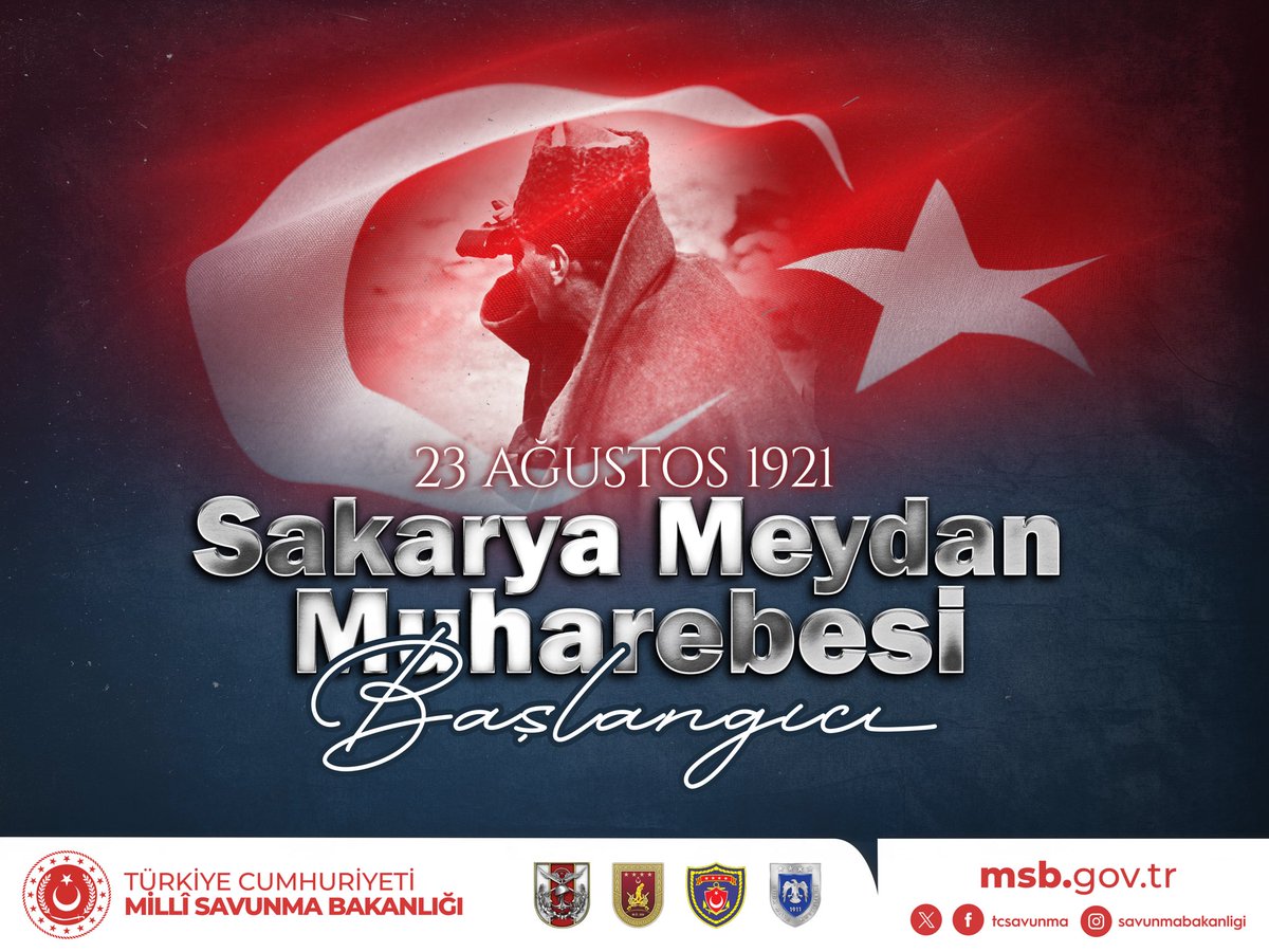 tcsavunma's tweet photo. Sakarya Meydan Muharebesi, 105 yıl önce yazılan büyük destan! 🇹🇷

Harp tarihinin en uzun meydan muharebesi olan, savunmadan taarruza geçişimizin sembolü hâline gelen Sakarya Meydan Muharebesi’nin 105’inci yıl dönümünde; Başkomutanımız Gazi Mustafa Kemal Atatürk başta olmak üzere tüm kahraman ecdadımızı rahmet, minnet ve saygıyla anıyoruz.

#SakaryaZaferi 🇹🇷
#SakaryaMeydanMuharebesi 🇹🇷