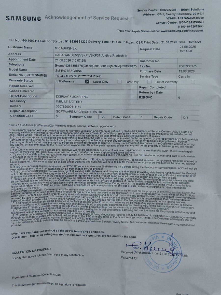 abhishektutta's tweet photo. Bought a new Samsung F70 pro just 10 days ago &amp; facing severe green screen flickering! Service Center (Bright Solutions VSKP) dismissed it as "SoftwareOK" though it's a hardware issue.
​Extremely disappointed with new phoneservice
​Bill No:4441099416 @SamsungIndia @SamsungSupport https://t.co/4geGUjfAOv