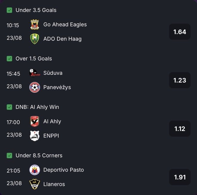 Rosehillpredict's tweet photo. ⚽🏆 Sports Picks — 23/08/2026 🔥

➡️ Go Ahead Eagles 🆚 ADO Den Haag
🕙 Time: 10:15
⏳ Under +3.5 Goals

➡️ Sūduva 🆚 Panevėžys
🕞 Time: 15:45
⏳ Over +1.5 Goals

➡️ Al Ahly 🆚 ENPPI
🕔 Time: 17:00
⏳ DNB: Al Ahly Win

➡️ Deportivo Pasto 🆚 Llaneros
🕘 Time: 21:05
⏳ Under +8.5 Corners

💭 Today’s selections combine goal markets, a Draw No Bet selection, and a corners market across the featured fixtures. 🔥⚽🏆💰

🎯 BEST PICKS ✅💰🔥🏆🚀⚽📈