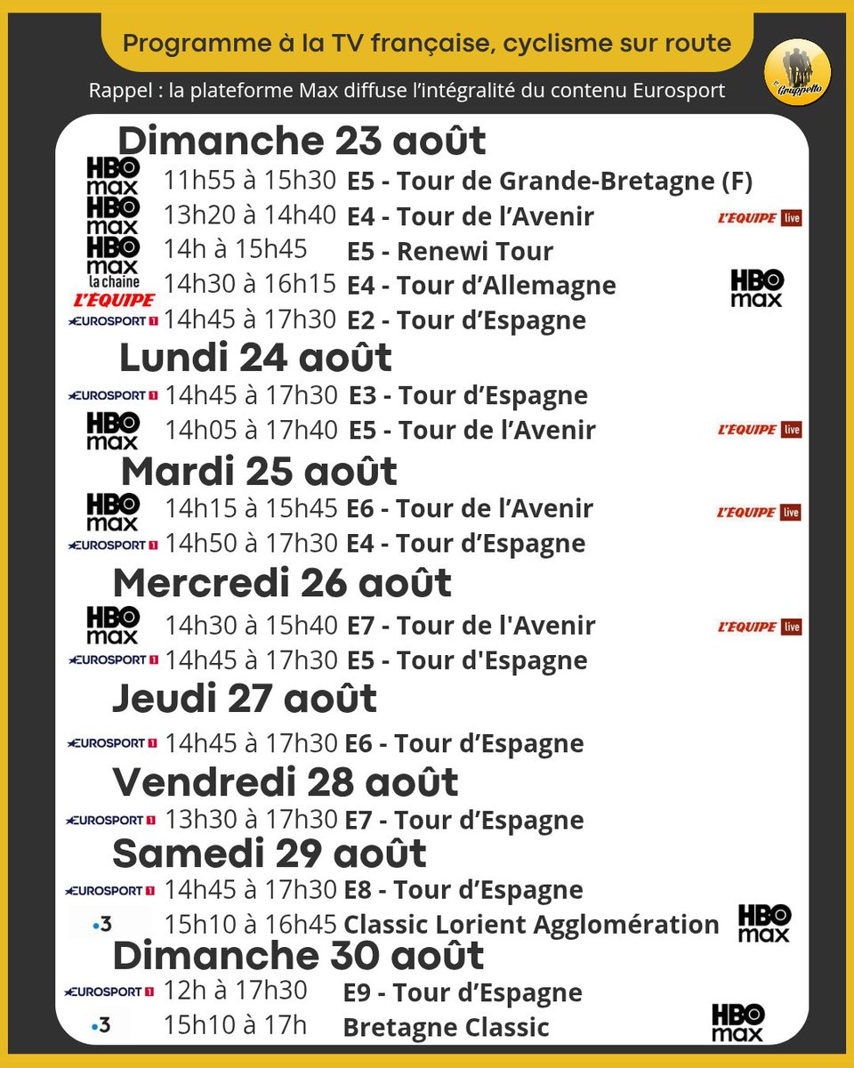 LeGruppetto's tweet photo. Le programme TV du 23 au 30 août : la Vuelta se poursuit, avec une diffusion sur Eurosport 1.

Frange 3 diffusera le week-end prochain la Classic Lorient Agglomération et la Bretagne Classic. https://t.co/FFYAJHApCj