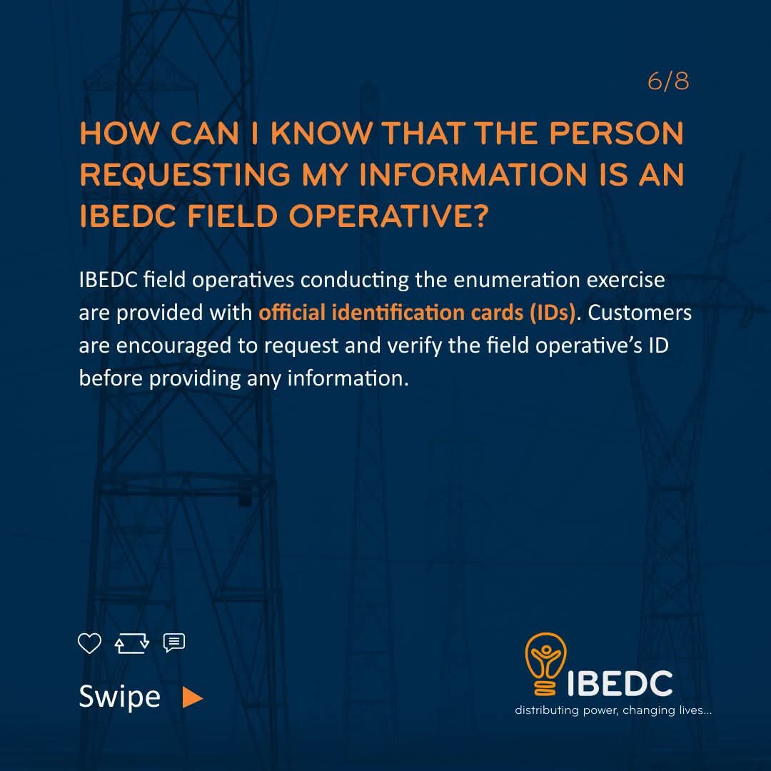 IBEDC_NG's tweet photo. Got questions about IBEDC’s Customer Enumeration Exercise? We’ve got answers.
Learn why it’s happening, what information is required, how your data is handled, and how to identify authorised field operatives.
#IBEDC #CustomerEnumeration #StayInformed https://t.co/3SLebcjkCz