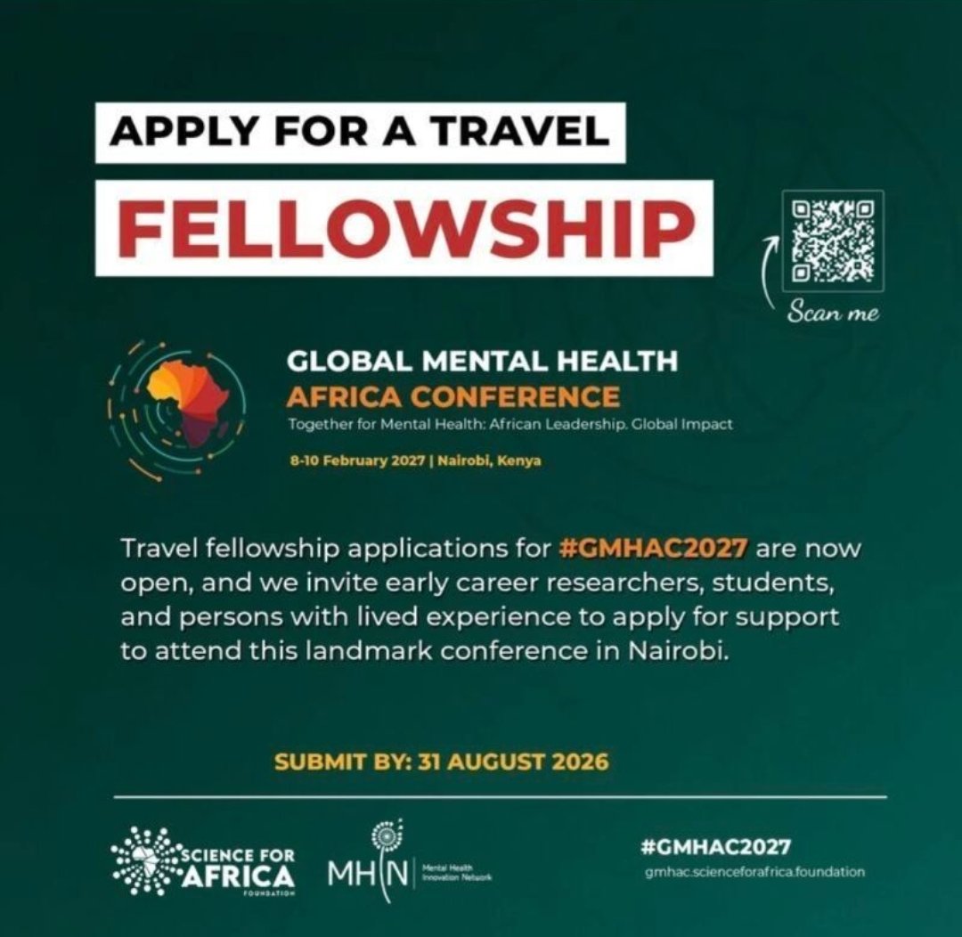 HGBashar's tweet photo. 📢 CALL FOR APPLICATIONS | TRAVEL FELLOWSHIP – GLOBAL MENTAL HEALTH AFRICA CONFERENCE 2027

The African Centre for Research, Training and Productivity (ACRTP) invites early-career researchers, students and persons with lived experience to apply for the Global Mental Health Africa Conference (GMHAC 2027) Travel Fellowship.

The fellowship provides an opportunity for eligible applicants to receive support to attend this landmark conference in Nairobi and engage with researchers, practitioners, advocates and other stakeholders working to advance mental health across Africa.

🎓 Who Can Apply?
• Early-career researchers
• Students
• Persons with lived experience
• Applicants interested in global and African mental health
• Emerging professionals seeking to engage with the African mental health community

🌍 Conference: Global Mental Health Africa Conference 2027
💡 Theme: Together for Mental Health: African Leadership. Global Impact
📅 Conference Date: 8–10 February 2027
📍 Venue: Nairobi, Kenya
🎫 Opportunity: Travel Fellowship
⏰ Application Deadline: 31 August 2026

▶️ Apply: https://t.co/pTM2jQLJIV