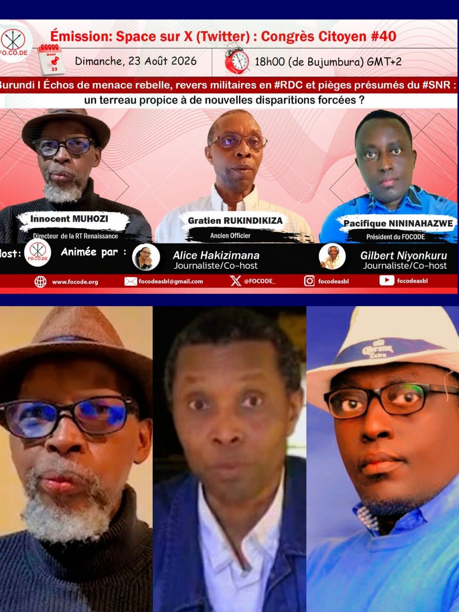 FOCODE_'s tweet photo. 🔴 Ivyago vy'abasirikare muri RDC, amakuru abura ibiroberi, imitego y'iperereza : ubwo umurundi agiye kworoherwa ?

- Ikiganiro ca FOCODE kiza guhagarara ku bibazo vy'umutekano.

Umunyamabanga mukuru wa CNDD-FDD, Reveriyano Ndikuriyo yaraye atangaje ko ata mvo n'imwe yotuma habaho ikiroberi mu Burundi, ariko aca agirako agabisha bamwe mu bahunze ko CNDD-FDD izobahama kugeza bapfuye, mbere ko n'imva zabo bazozizura. Ivyo abivuze mu gihe hari ibihuha vyinshi bivuga ko hari imihari iriko iritegura gutera Uburundi. Iyo mihari ivugwa muri RDC, ahasanzwe hari ingabo z'Uburundi zitorohewe na gato mu ntambara zirimwo. Nkuko vyama, mu bihe nk'ibi imitegeko y'iperereza ry'Uburundi iraheza ikiyongera cane, ari navyo bikwega ko haba abanyuruzwa bakaburwa irengero ryabo.

1. Amakuru y'abasirikare b'Uburundi muri RDC yifashe gute muri ino misi ?
2. Koko iyi mirwi y'abaroberi ivugwa cane muri ino misi irabaho ?
3. Ni iyihe mitego y'iperereza abarundi bokwitondera muri ibi bihe ?
4. Hari ibimenyetso ko iperereza rishobora kwongereza kunyuruza abantu ?

🔴 TUBIGANIREKO

FOCODE yabateguriye ikiganiro kuri bino bibazo. Ikiganiro kiza kuba kuri uyu mugoroba (23.8.2026), guhera isaha icumi na zibiri (18h) ku masaha y'Uburundi. Kiza guca ikibiriraho kuri Twitter (X) ya FOCODE, mu buryo bwa Space. Kirongera gice no kuri Facebook ya FOCODE.

Abatumire ni batatu :
1. Innocent Muhozi arongoye Televiziyo Renaissance
2. Gratien Rukindikiza, ibtwazangabo yahoze mu gisirikare c'Uburundi akaba n'umuhinga mu bibazo vya gisirikare
3. Pacifique Nininahazwe arongoye ishirahamwe FOCODE.

Kiremeshwa n'abamenyeshamakuru Gilbert Niyonkuru na Alice Hakizimana.

🔴 Abavyipfuza baraza kwunganira abatumire canke nabo bababaze utubazo twabo.

Turabahaye ikaze.

-----------------------

Kuri Twitter, ikiganiro mugikurikirana muciye ngaho: https://t.co/IOOh5ToBzc