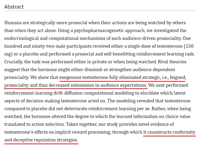 Templarpilled's tweet photo. Please read the abstract of this study. 

Men who received testosterone boosters did not care about being watched by two women when making decisions. 

Men who did not receive the extra testosterone adjusted their behavior. https://t.co/ObQkvoQPoI