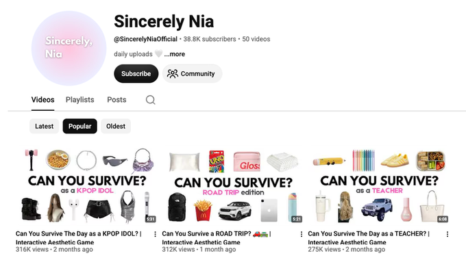AdebayoYTA's tweet photo. 38.8K subscribers. 3 million views. $9K earned.

the format? choose your own adventure lifestyle games using aesthetic stock photos 😂

'can you survive your first day of school' 'can you survive college finals' — simple interactive concept that keeps people clicking to see what happens next.

50 videos and the content ideas literally never run out. school life, college, first job — there's a new scenario every single week.

one of the most creative low budget formats quietly printing on YouTube right now 🔥