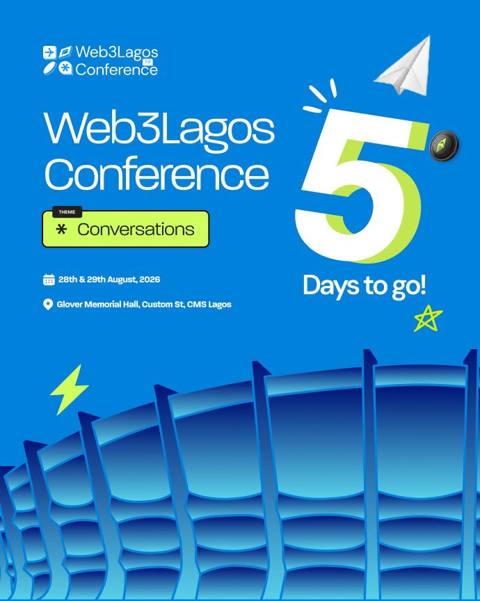 Web3LagosCon's tweet photo. 🚨We are officially 5 DAYS to Web3Lagos Conference 5.0! 🔥

In just a few days, we’ll be bringing the Web3 community together for 2 days of unforgettable conversations. 

And guess what? Only 49 slots left ‼️

If you haven’t registered, now is your sign. 👇🏾
🎟️ Register FREE: https://t.co/mxuqYY81Zm
📅 August 28 & 29, 2026
📍 Glover Memorial Hall, CMS, Lagos

The countdown is officially on. Don’t hear about #W3LC5 from someone else, be in the room! See you in 5 days! 🔥

#W3LC5 #Conversations #Web3LagosCon