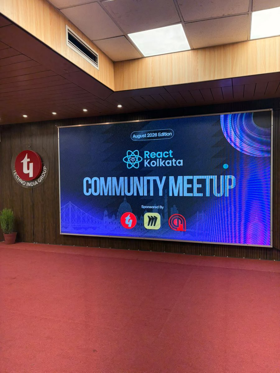 reactkolkata's tweet photo. 🚀 React Kolkata August Meetup is underway! ⚛️💙

The venue is ready, registrations are buzzing, and the community is here! 🎁🔥

A day of talks, building, networking &amp; fun awaits!

📍 Techno India University, WB
📅 23 Aug ’26

#ReactKolkata #ReactJS #Frontend https://t.co/KjcHGCcRxY