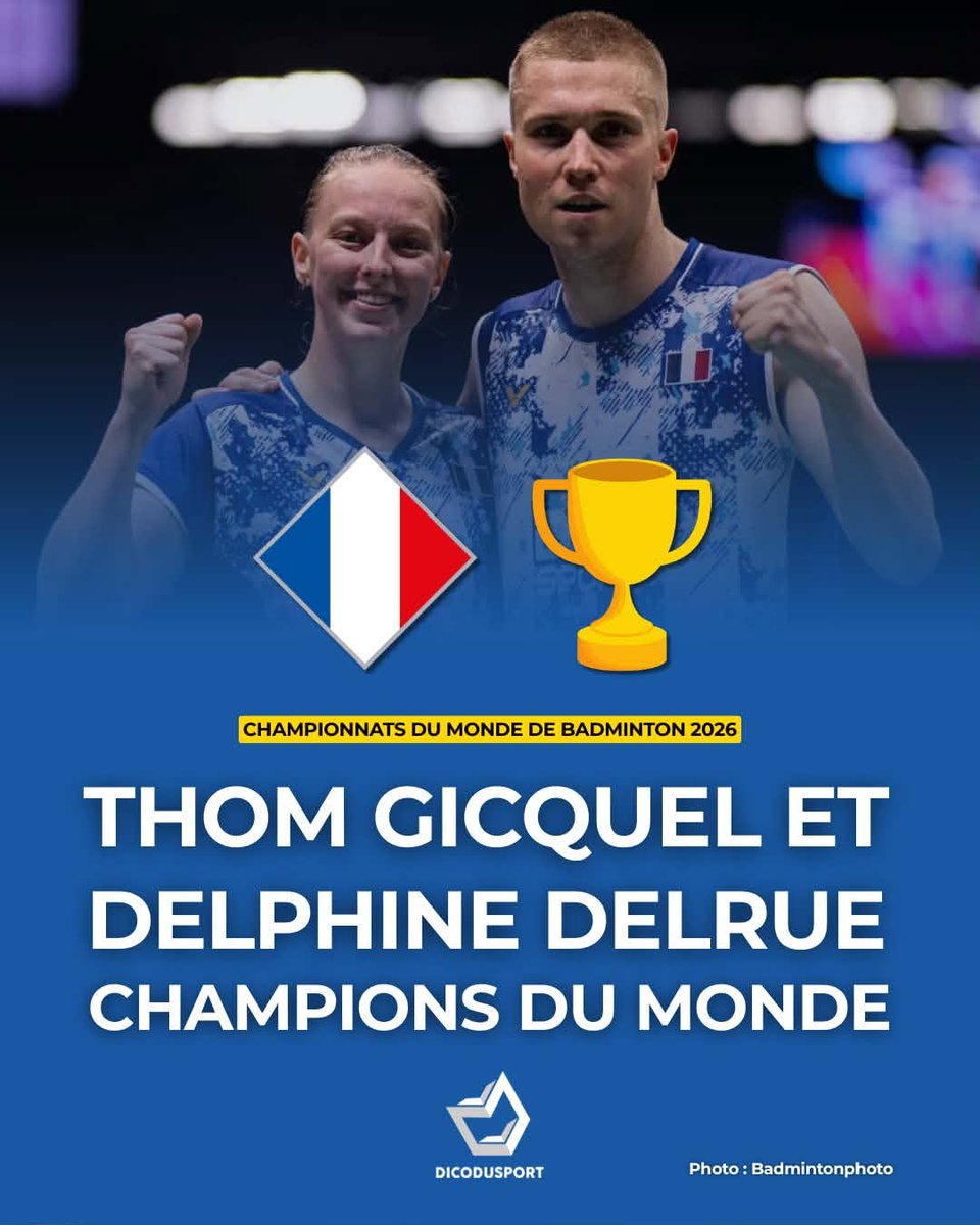 dicodusport's tweet photo. 𝐓𝐇𝐎𝐌 𝐆𝐈𝐂𝐐𝐔𝐄𝐋 𝐄𝐓 𝐃𝐄𝐋𝐏𝐇𝐈𝐍𝐄 𝐃𝐄𝐋𝐑𝐔𝐄 𝐀𝐔 𝐏𝐀𝐑𝐀𝐃𝐈𝐒 !!! Le double mixte français remporte le premier titre mondial du badminton français après une magnifique finale 🥇😍🏸🇫🇷
#BWFWorldChampionships #NewDelhi2026 https://t.co/313epitSTD