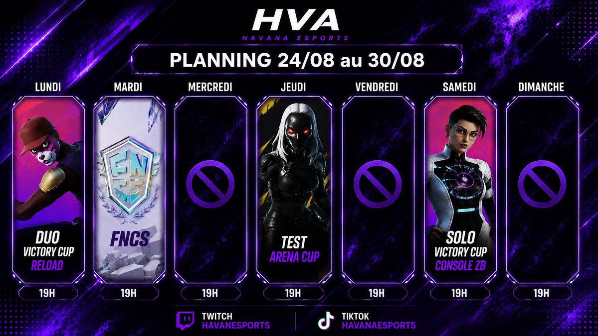 HAVANAESPORT's tweet photo. Voici le planning de la semaine prochaine 💜🤍🔥 https://t.co/lvnSaJ7zK7
