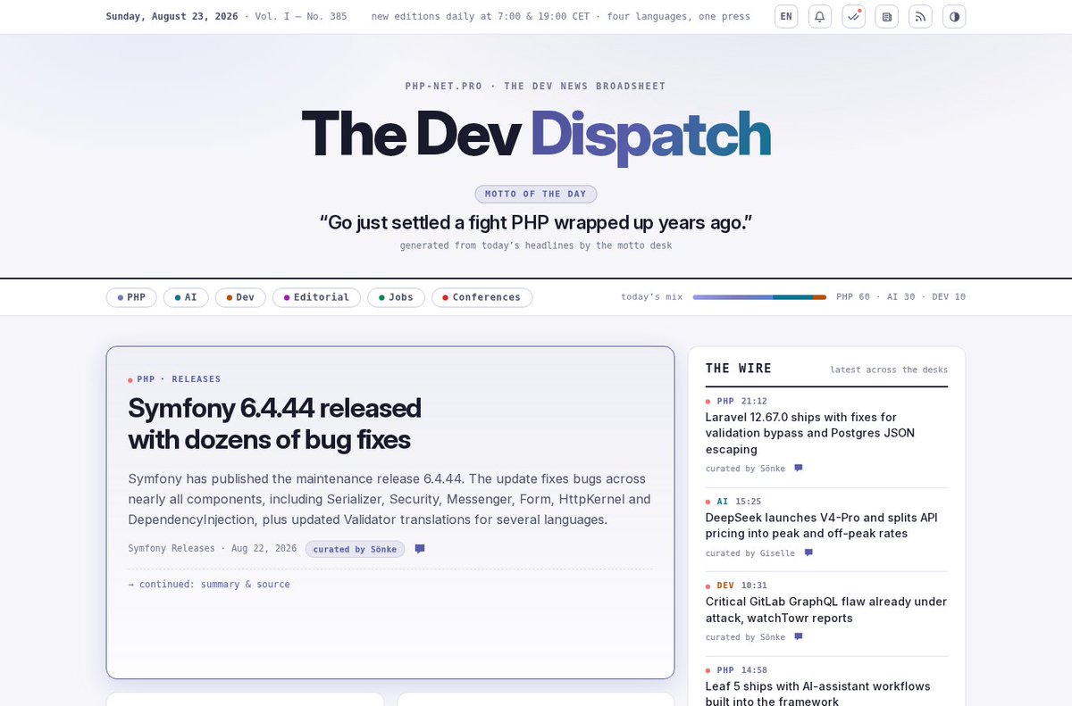 php_net's tweet photo. “Go just settled a fight PHP wrapped up years ago.”

The front page, Sunday, August 23 — fresh editions daily at 7:00 &amp; 19:00 CET. https://t.co/jG1UhHm7tk