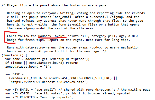 TheDodoFrodo's tweet photo. @xanoszz @Dododex @TheSanyxs you mean like AI documenting in the sourcecode that they actually promted it to look like dododex ? proof enough ? Sauce: https://<youknowthesite</tips.js

i did mask the site as i dont want to advertise it ;) you know what to enter to verify https://t.co/4R1psrKDcI