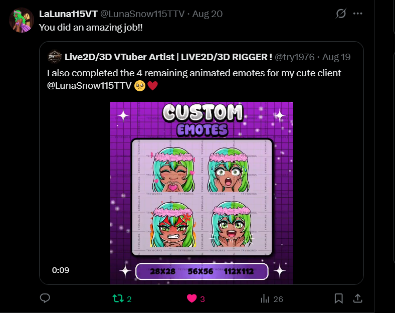 try1976's tweet photo. Another satisfied customer!! I did animated &amp; static emotes for her @LunaSnow115TTV ❤️‍🔥 https://t.co/M9VYnfXhrh