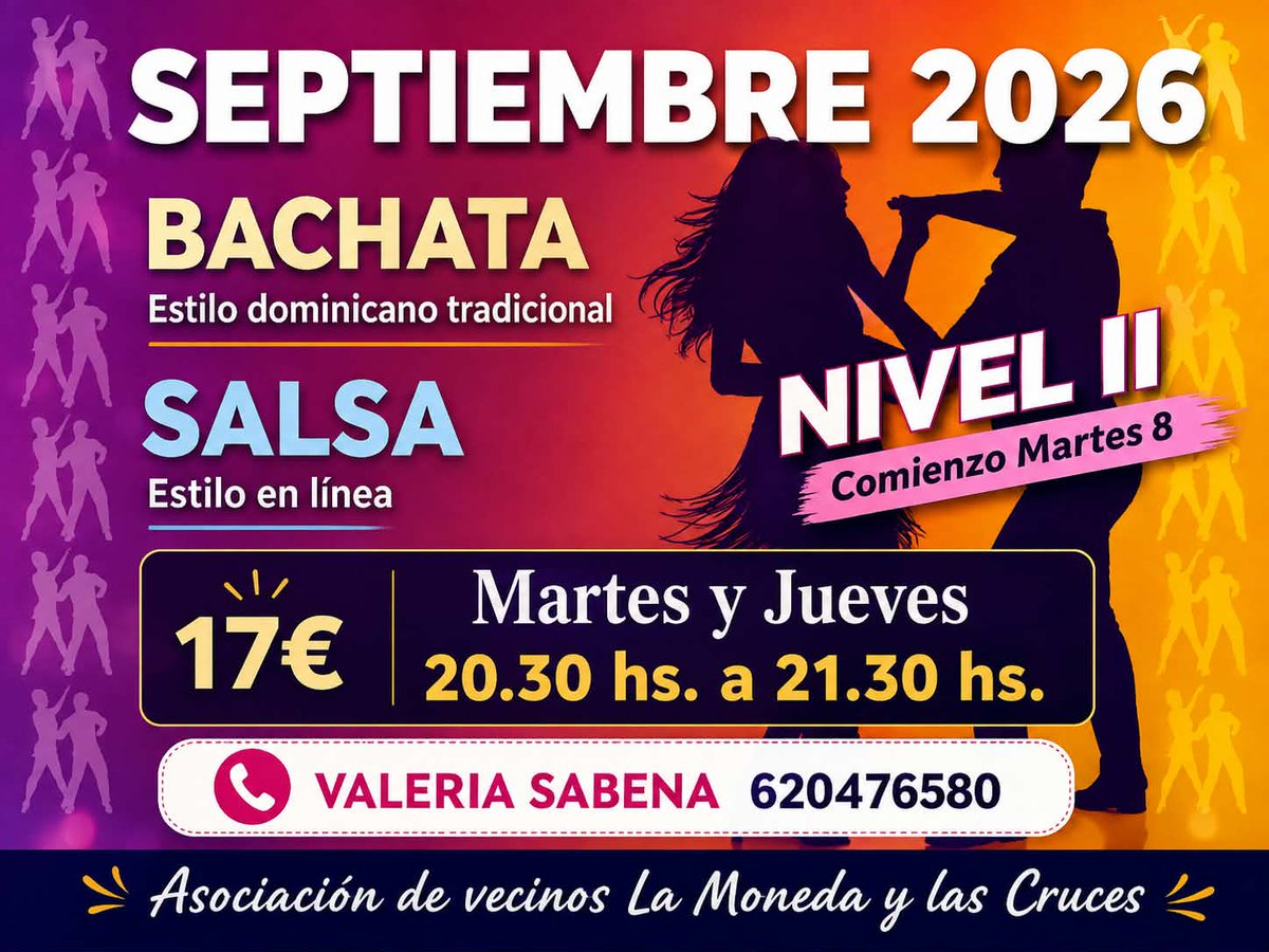 ValeriaSabena's tweet photo. Clases de Salsa en línea y Bachata tradicional (Nivel II).
Inicio: Martes 8 de Septiembre
Horario: Martes y Jueves | 20:30 hs. a 21:30 hs.
Lugar: Asociación de vecinos La Moneda y las Cruces/ Dos Hermanas
Precio: 17€
​Inscripciones y reservas: 620476580 (¡Plazas limitadas!) https://t.co/qmYP56Fp46